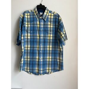 Wrangler Western Plaid Shirt Short Sleeve Pear Snap Blue Yellow Sz XL VTG
